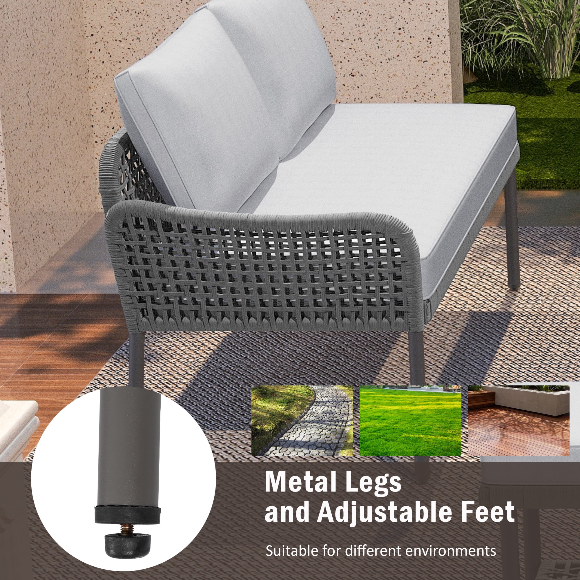 Aukfa 6-Piece Outdoor Furniture Set, Rope Weave Patio Conversation Set w/ Wood Table & Icebox, Gray