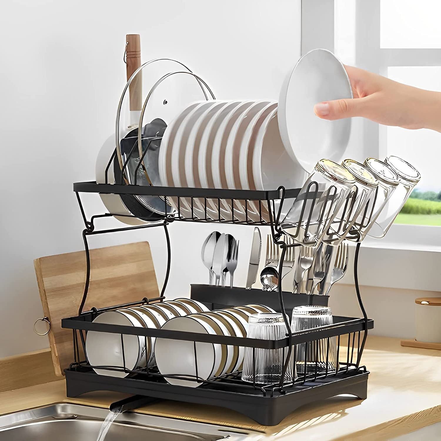 Wahopy Heavy Duty 2 Tier Dish Drying Rack with Drainboard for