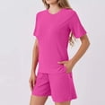 thumbnail image 3 of WMTBSRSW Womens Summer 2 Piece Outfits Lightweight Casual Ribbed Knit Short Matching Clothing Set Solid Comfy Crewneck T Shirts and Shorts Hot Pink S, 3 of 8