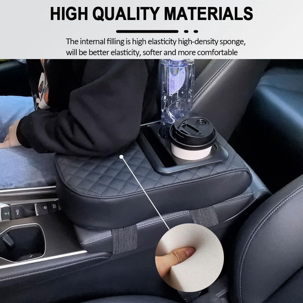 GUANGHUI Auto Center Console Armrest Pillow, Leather Car Armrest Cushion with Cup Holder, Phone Holder, Universal Car Armrest Box Cover Protector Car Interior Accessories for Most Vehicles (BLACK)