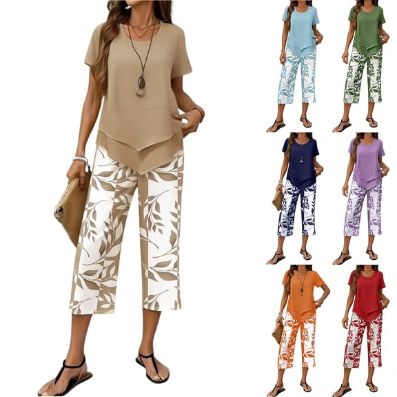 WULMLEO Women Two Piece Sets Basic Vacation Loose Casual Beach Two Piece Outfit Women Work Out Trendy Cruise Short Sleeve Tops Lounge Spring Plus Size Floral Capris Brown 3XL