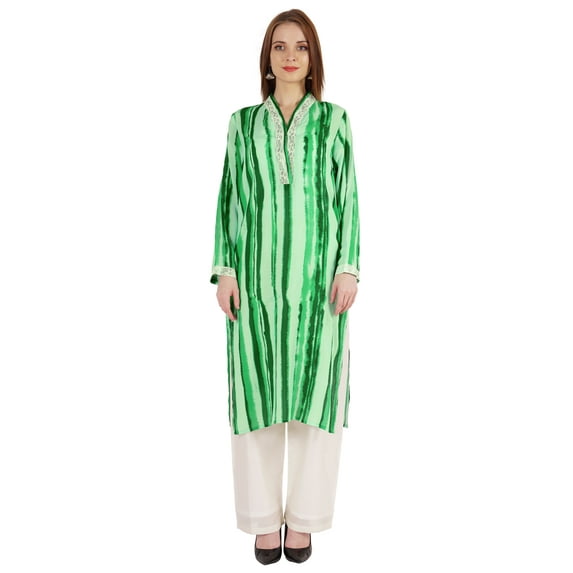 Bimba Printed Straight Kurti For Women Casual Summer Wear V-Neck W/ Lace Tunic Designer Kurta