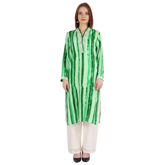 Bimba Printed Straight Kurti For Women Casual Summer Wear V-Neck W/ Lace Tunic Designer Kurta