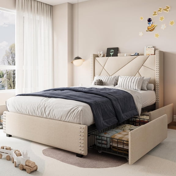 Twin Bed Frames with 4 Storage Drawers, Upholstered Bed with Large Wingback Headboard and Charging Station Headboard and Charging Station, Solid Wooden Slats Support, No-Noise, Beige