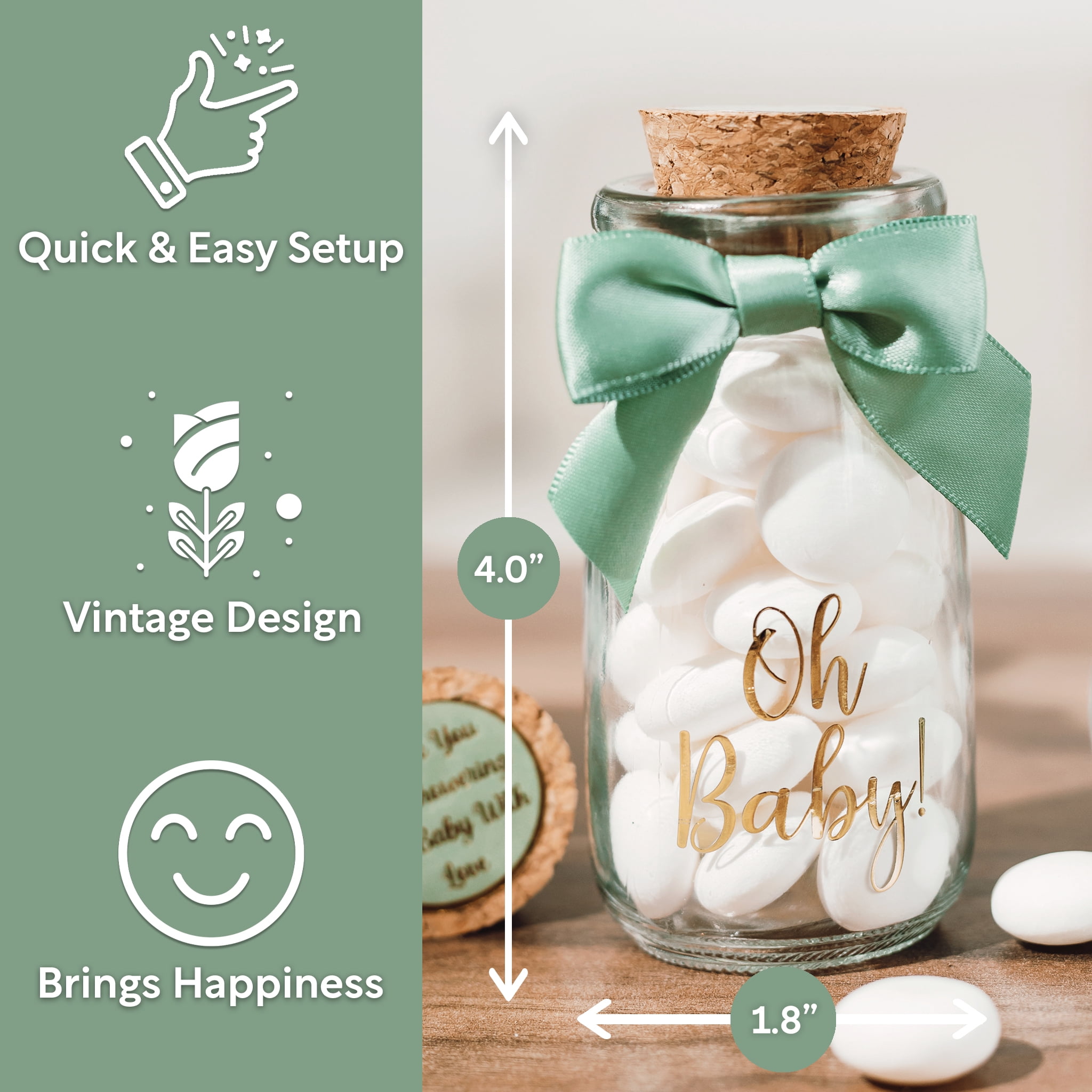 Vintage 12 Pack Oh Baby Woodland Milk Glass Bottles with Ribbons and Stickers - Classy Baby Shower Favors for Guests and Table Centerpieces - Gender Neutral Eucalyptus Decoration - Safari Theme