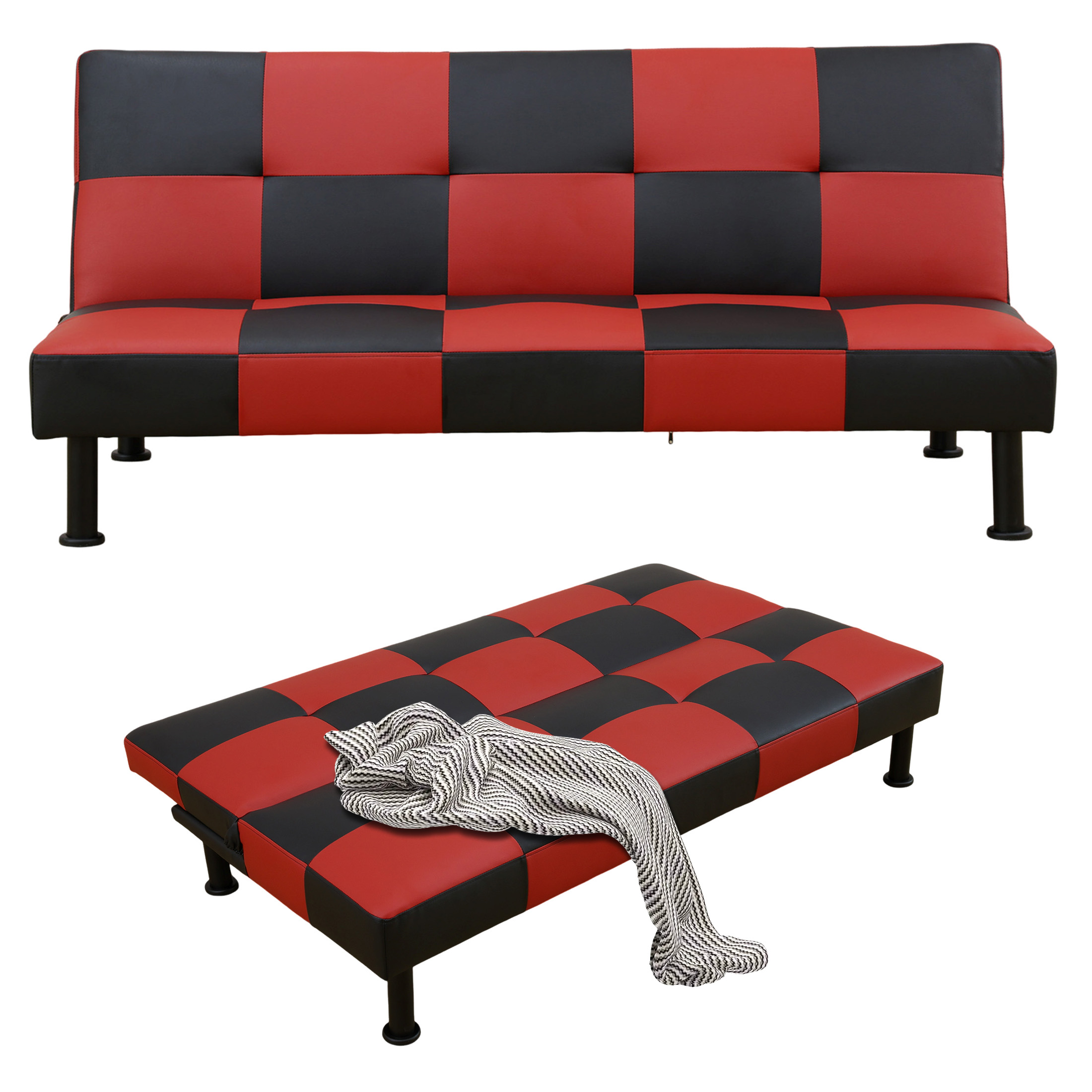 Aukfa Modern Futon Convertible Sofa Bed, Black & Red photo 5