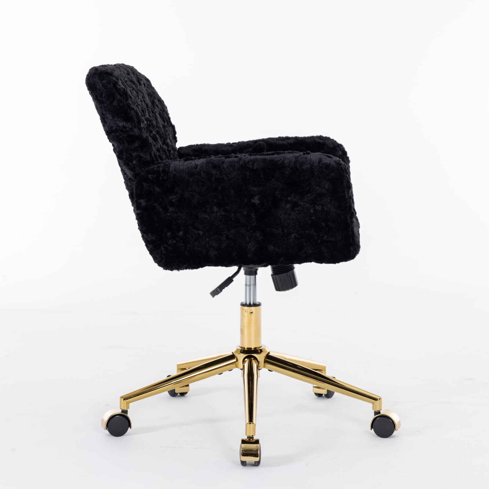 GAKMCIL Artificial Alpaca Wool Home Office Chair, Ergonomic Desk Chair, Vanity Chair with 360 ° Swivel, Arm, Golden Metal, Chassis can be Tilted 40°, 300lb Load for Study, Office, Bedroom (Black)