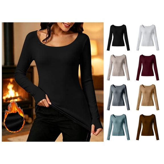 vzibsiv Long Sleeve Shirts for Women Fitted Scoop Neck Thermal Brushed Fleece Base Layer Warm Top Black Size L