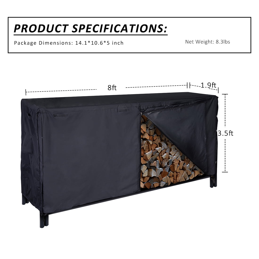 Heavy Duty and Water Resistant 600D Oxford Firewood Cover All Weather Protection ManGan Firewood Rack Cover 8ft Log Rack Cover Black 8feet 