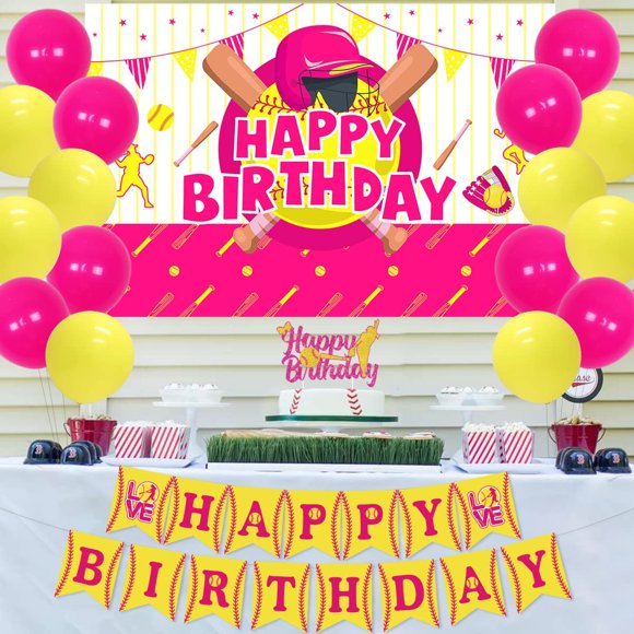 Softball Birthday Party Decorations Girls, Happy Birthday Backdrop Banner Decor Hot Pink Gold Glitter Cardstock Cake Topper Balloons for Party Supplies