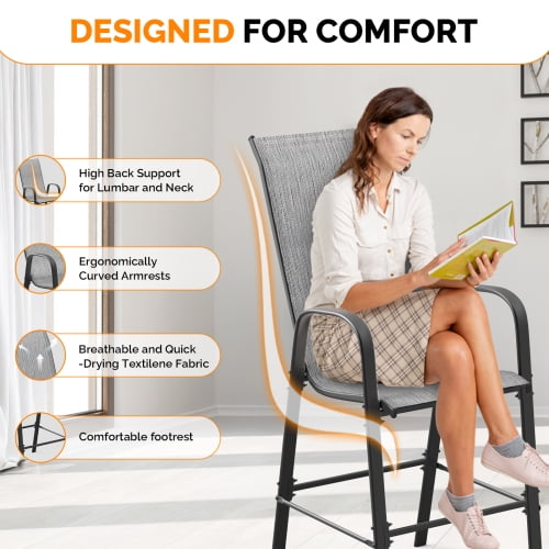 Ktaxon 2Pcs High Patio Outdoor Dining Chairs, Textilene Stackable Armrest Chairs Space Saving for Backyard Porch Garden - Silver Gray