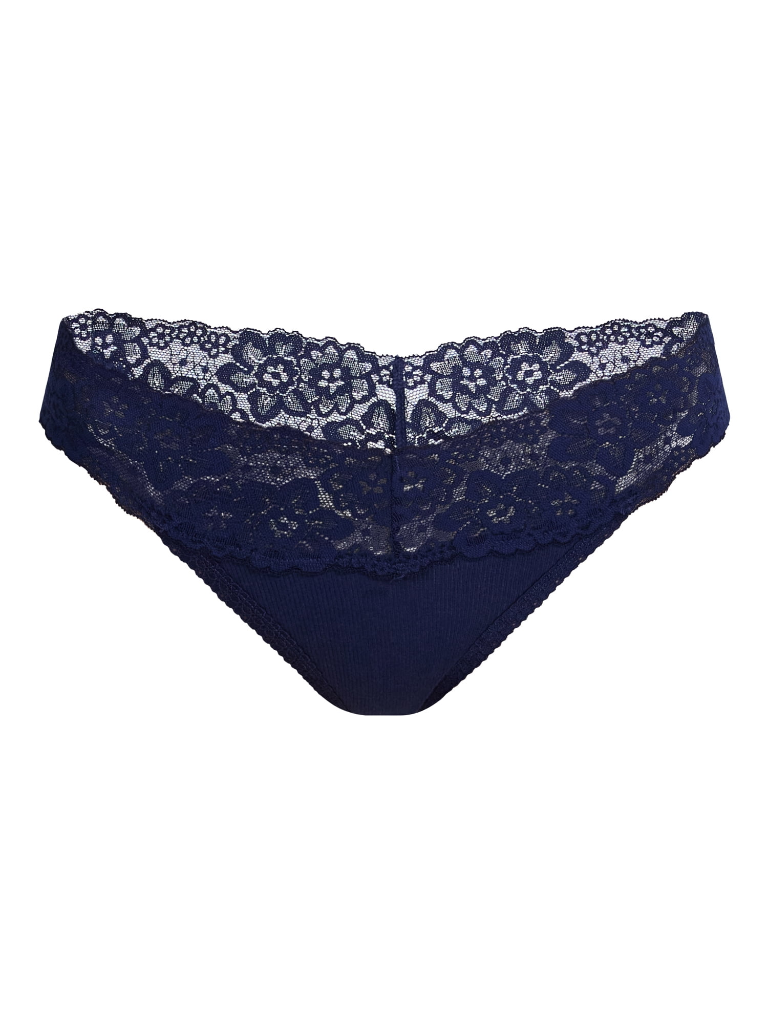 No Boundaries Lace Trim Cotton Rib Thong Panties, 3-Pack, Women's XS-XXXL