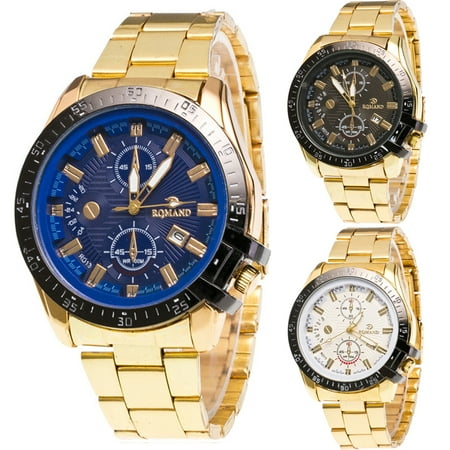Gold Tone Silver Wrist Watch Men Business Style Gold Stainless Steel Watch Round Dial Quartz Wristwatch with Calendar Golden Tone White Dial ()