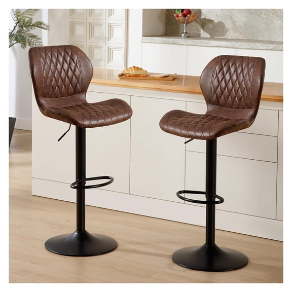 Bar Stools Set of 2, Modern Swivel Counter Height Barstools for Kitchen Island Chairs, Adjustable Faux Leather Bar Stools with Back for Kitchen Counter Bar, Brown Barstools Set of 2