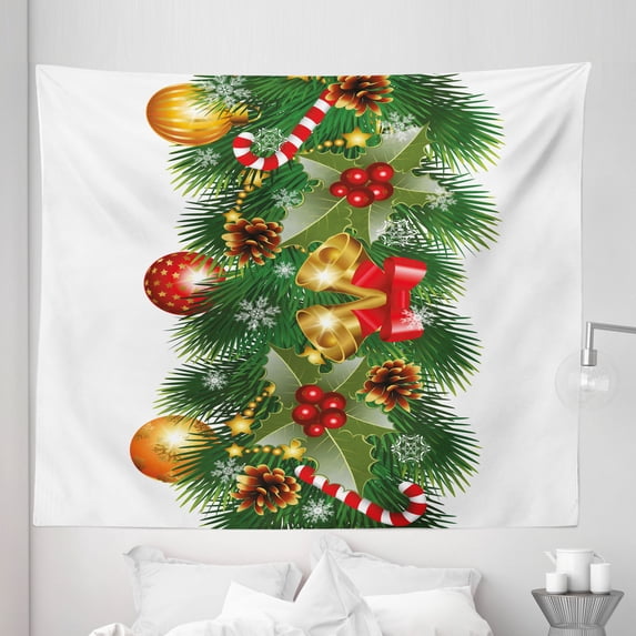 Christmas Tapestry, Pine Tree Branch Detailed Ornaments Bells Berries and Cones Cheerful Holiday Noel, Fabric Wall Hanging Decor for Bedroom Living Room Dorm, 5 Sizes, Multicolor, by Ambesonne