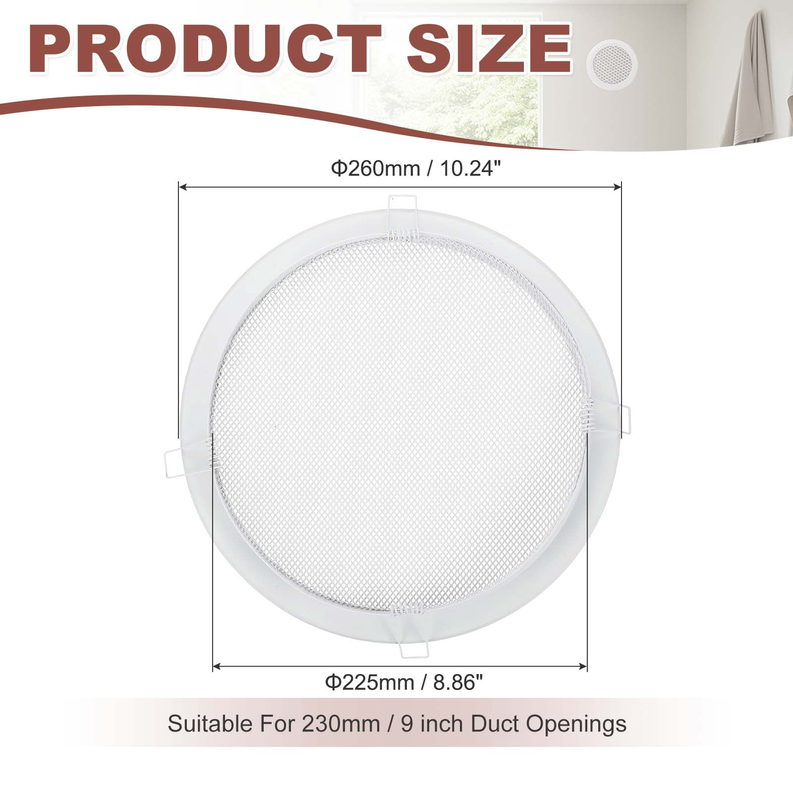 Uxcell Round Ceiling Vent Cover (230mm / 9" Duct Opening Size) - Aluminum Alloy Ceiling Air Grille Soffit Exhaust Vent Micro Hole Mesh Cover Plate for Bathroom Home Kitchen, White