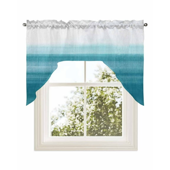 Turquoise White Ombre Kitchen Curtains Swag Valance for Windows/Bathroom/Cafe, Modern Country Abstract Stripes Rod Pocket Drape Panel Swag Curtains Valance for Bedroom/Living Room 56"x36"