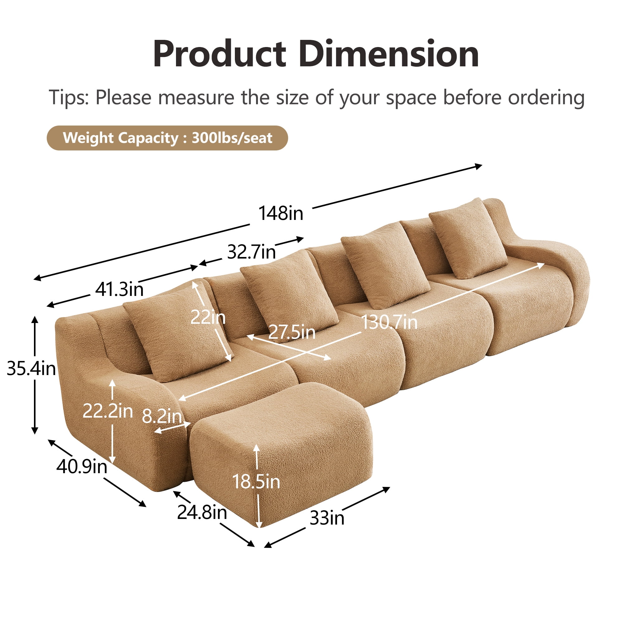 Alvantor Sectional Sofa with Reversible Ottoman L-Shaped 148" W 4-Seater Teddy Boneless Couch Modern Deep Seat Cloud Sofa for Living Room Camel