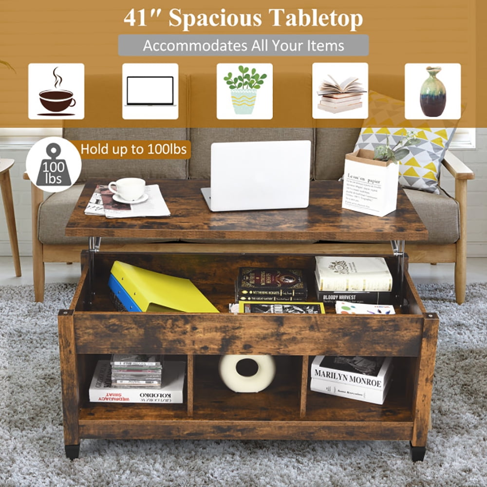 Finihen Rectangular Coffee Table, Lift Top Coffee Table with Hidden Storage Compartment, for Living Room, Reception Room, Office, Brown Finihen Rectangular Coffee Table, Lift Top Coffee Table with Hidden Storage Compartment, for Living Room, Reception Room, Office, Brown