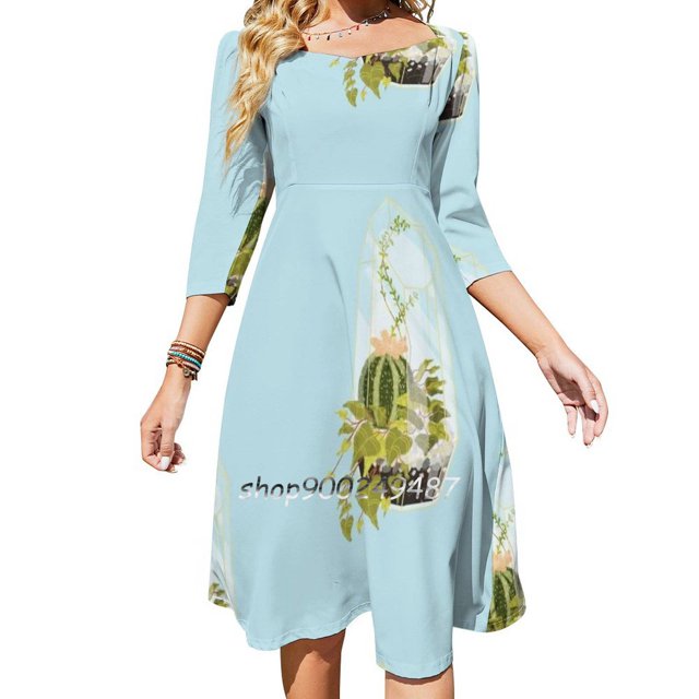 Vestido acampanado con nudo en forma de corazón y diseño de moda de terrario azul Vestido holgado de talla grande Terrario Plantas calmantes azules Cactus