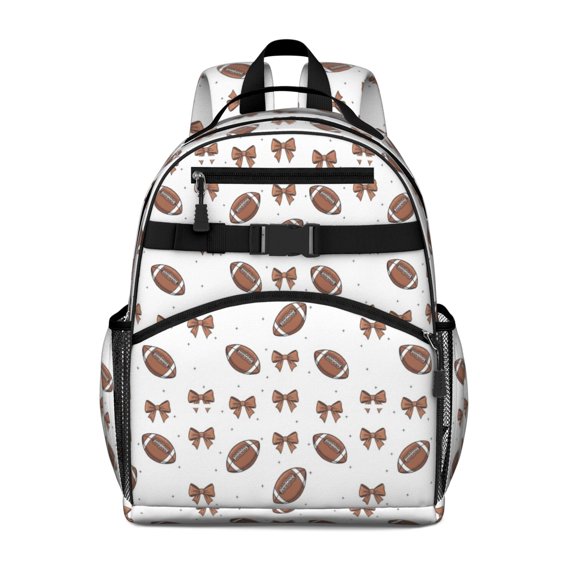 Football Bow Brown Pattern Cute School Backpack Bag for School with Padded Back and Adjustable Shoulder Straps 15.25"x11.5"x5.25"