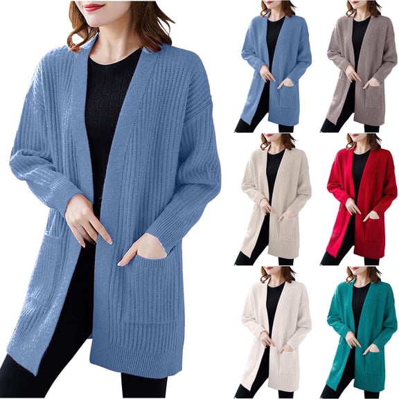 Lovskoo 2024 Long Cardigans for Women Trendy Long Sleeve Medium Length Knitted Cardigan Versatile Jacket Pocket Loose Outer Wear Knit Sweater Light Blue