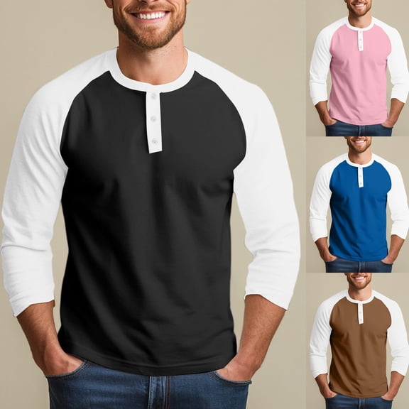 Mens 3 4 Sleeve Shirt Patchwork Regualr Fit Lightweight V Neck Long Sleeve Patchwork Shirts Black L