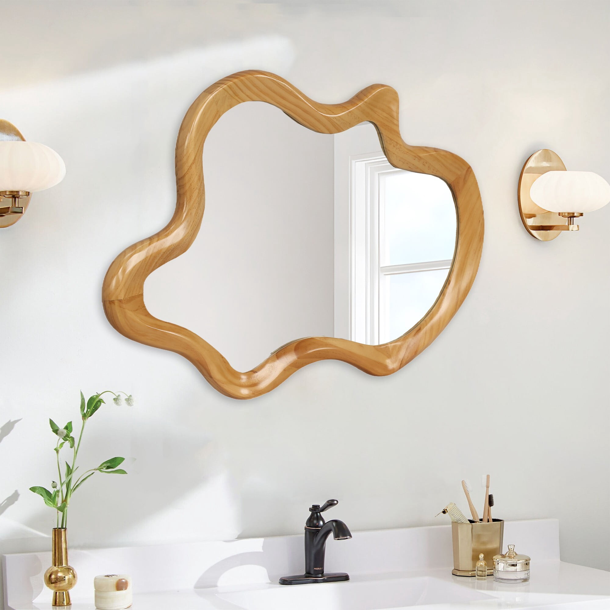 AENKYO Irregular Wall Mirror, Asymmetrical Wavy Wood Frame Decorative Mirror for Bedroom and Bathroom, Natural