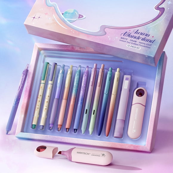 WRITECH Gel Ink Pens Journaling: Aurora Wonderland Pen Set, Gradient Barrels Black Ink Pens Pastel Highlighters Brush Markers, No Bleed Smooth Writin
