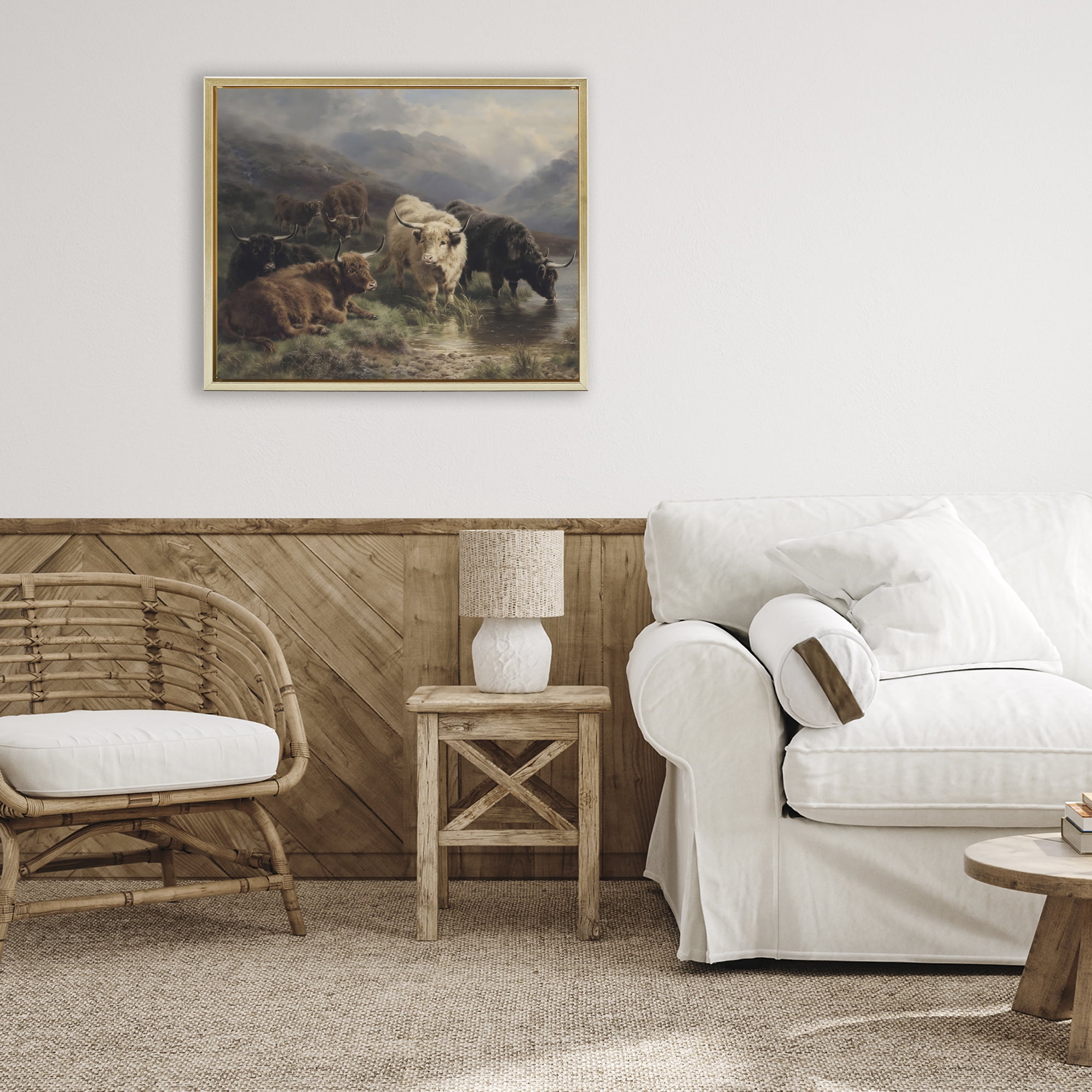 Stupell Industries Highland Cows Beside Misty Loch Gold Framed Floater Canvas Wall Art, design by Arlington Prints