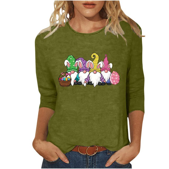 Blouse pour Femmes T-shirt Imprimé Col Rond de Pâques Manches 3/4 Col Rond Chandail