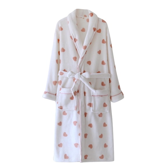 Fesfesfes Womens Long Sleeve Velvet Bathrobe Cozy Winter Robe Loose Fleece Casual Wear Soft Warm Housecoat with Belt with Pockets for Home Spa Relaxation(White,L)