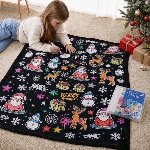 Christmas DIY Coloring Blanket, Holiday Line Art Create Your Polyester Blend Throw, with 24 Color Markers, Creative Art Activity, 50 x 59 in