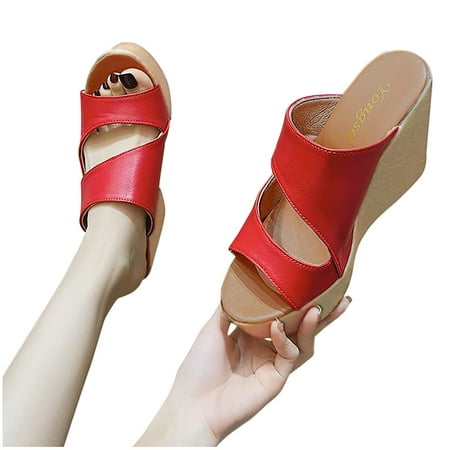 

Cathalem Ladies Casual Slope Solid Fashion Platform Slippers Color Summer Women s sandals Wedges Sandals for Women Wide Red 7.5