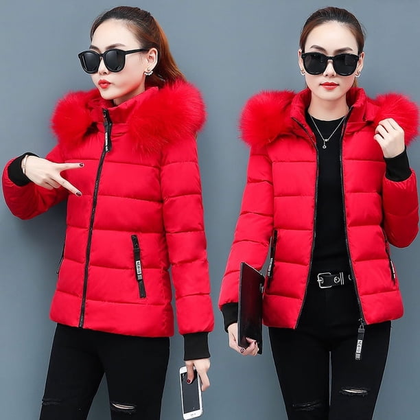 Chaqueta de algodón acolchada de algodón para mujer, abrigo de invierno, chaqueta de algodón ajustada con cuello de piel gruesa, pequeña