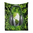 thumbnail image 1 of World Soft Flannel Fleece Throw Blanket, World of Music Themed Composition DJ Headphones Musical Notes and Earth Globe, Cozy Plush for Indoor and Outdoor Use, 50" x 70", Lime Green Grey, by Ambesonne, 1 of 6