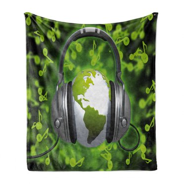 World Soft Flannel Fleece Throw Blanket, World of Music Themed Composition DJ Headphones Musical Notes and Earth Globe, Cozy Plush for Indoor and Outdoor Use, 50" x 70", Lime Green Grey, by Ambesonne