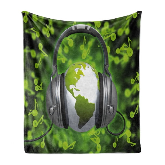 World Soft Flannel Fleece Throw Blanket, World of Music Themed Composition DJ Headphones Musical Notes and Earth Globe, Cozy Plush for Indoor and Outdoor Use, 60" x 80", Lime Green Grey, by Ambesonne