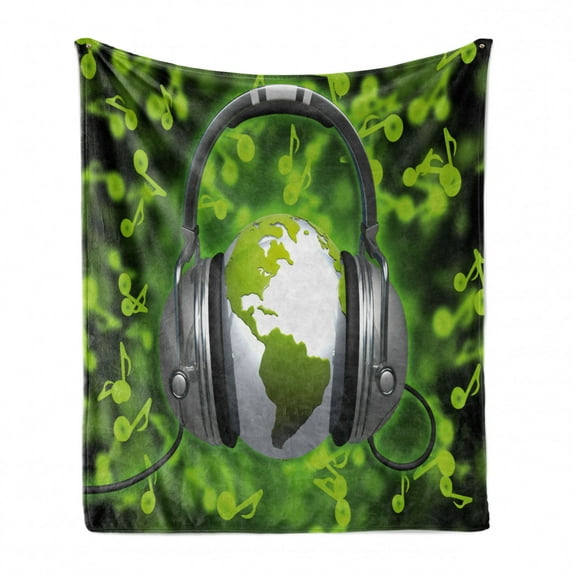 World Soft Flannel Fleece Throw Blanket, World of Music Themed Composition DJ Headphones Musical Notes and Earth Globe, Cozy Plush for Indoor and Outdoor Use, 50" x 70", Lime Green Grey, by Ambesonne