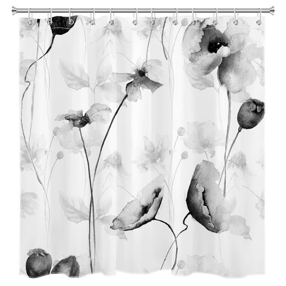 Black and White Flower Shower Curtain Set Abstract Minimalist Watercolor Floral and Plant Fabric Bathroom Decor Rustic Botanical Shower Curtain Set with Hooks