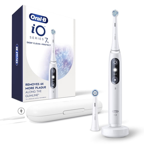 Oral-B iO Deep Clean + Protect cepillo de dientes eléctrico recargable, blanco con un cepillo de dientes iO Serie 7, 2 cabezales de repuesto y un estuche de viaje de carga