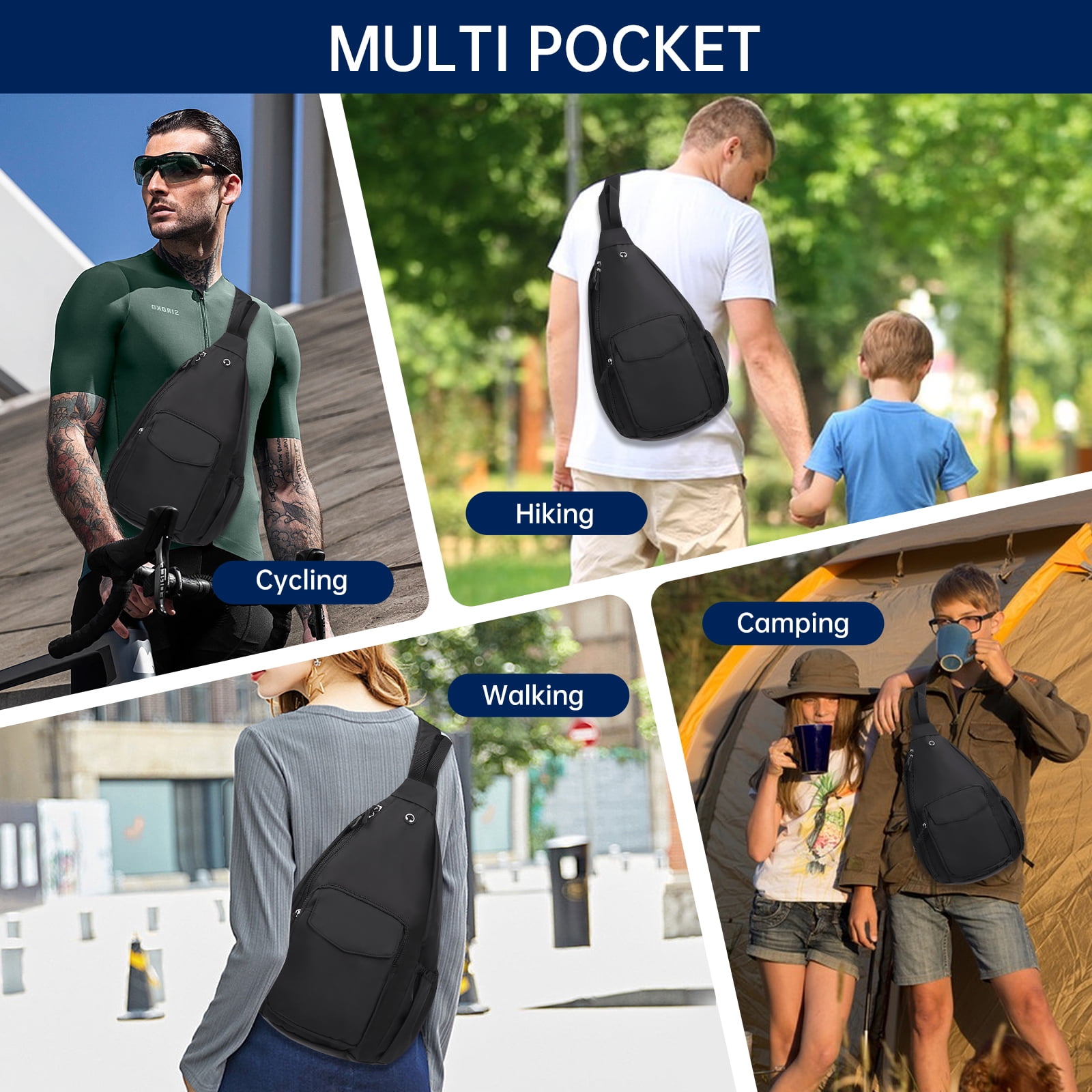 HAWEE Sling Backpack Crossbody Shoulder Left and Right Chest Bag for Women Men Travel Hiking Daypack, Black