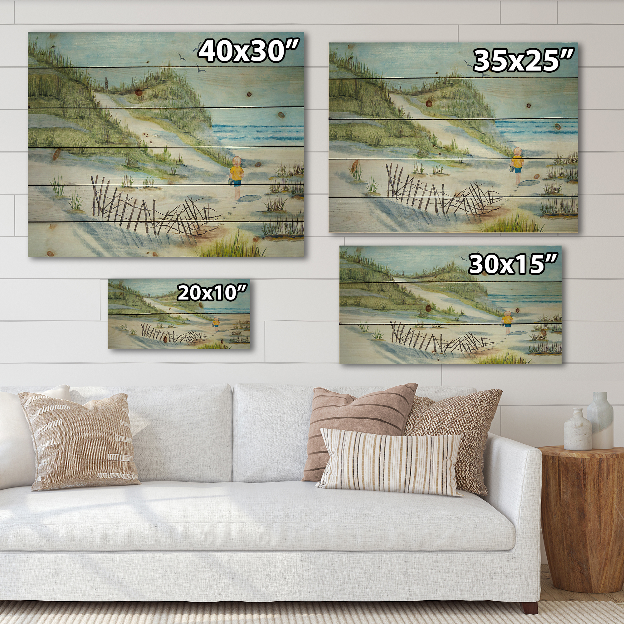 Designart 'Child Walking to The Beach' Nautical & Coastal Print on Natural Pine Wood