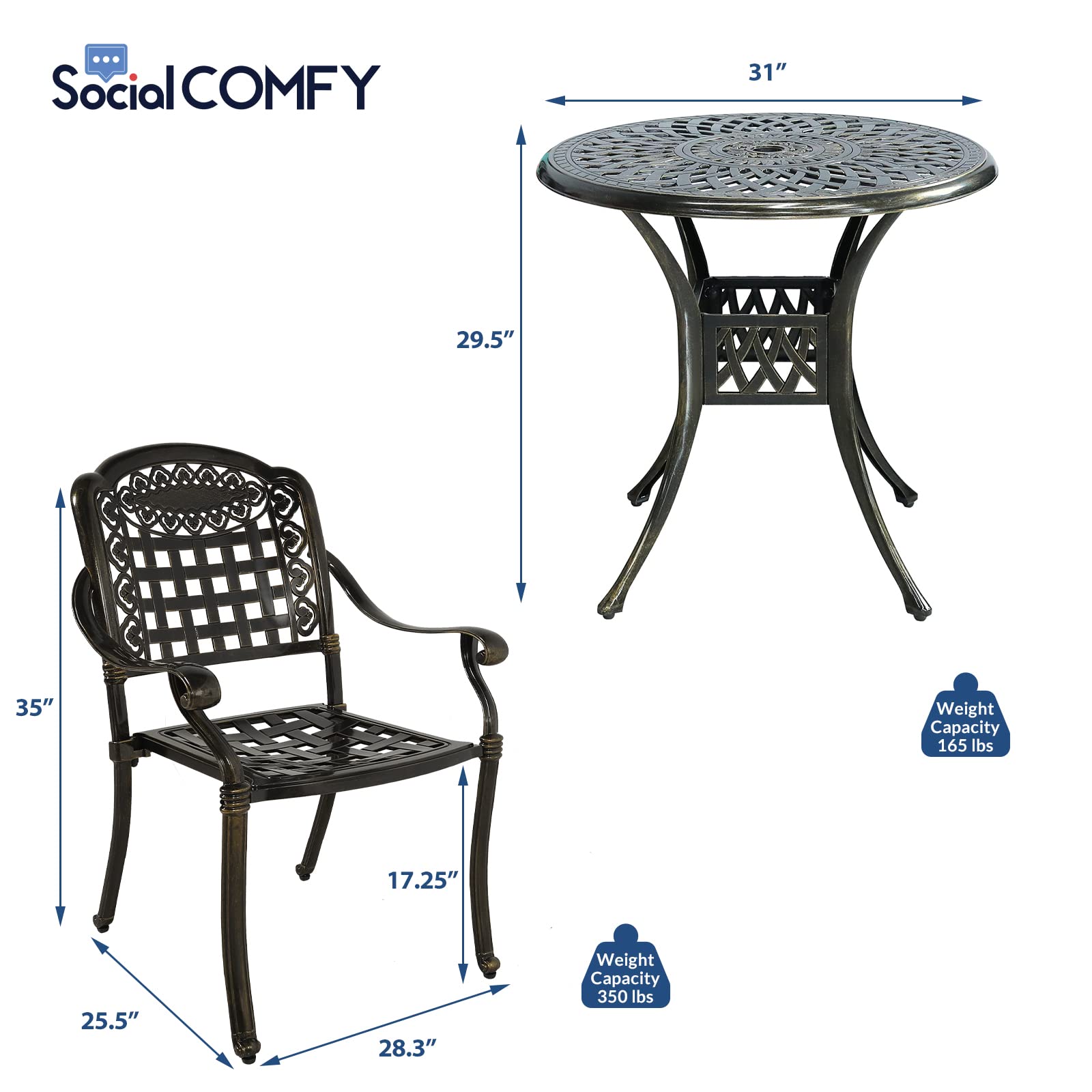 SOCIALCOMFY 3-Piece Outdoor Patio Dining Set, All-Weather Cast Aluminum Furniture Conversation Set, Include 2 Chairs and a 31 inch Round Table with Umbrella Hole for Balcony Lawn Garden Backyard - image 5 of 7