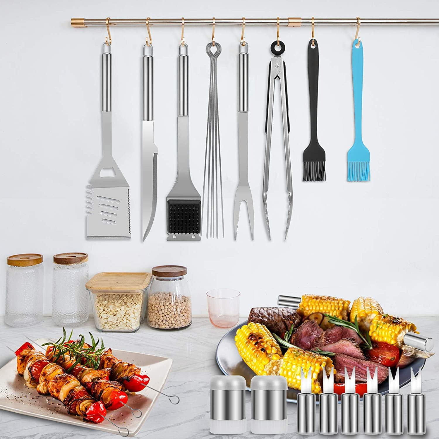 41Pcs BBQ Grill Tool Set, Grill Accessories BBQ Tools with Storage Bag, Extra Thick Stainless Steel Spatula Fork & Tongs, Meat Syringe&Thermometer BBQ Utensils Set for Camping, Outdoor, Backyard Party