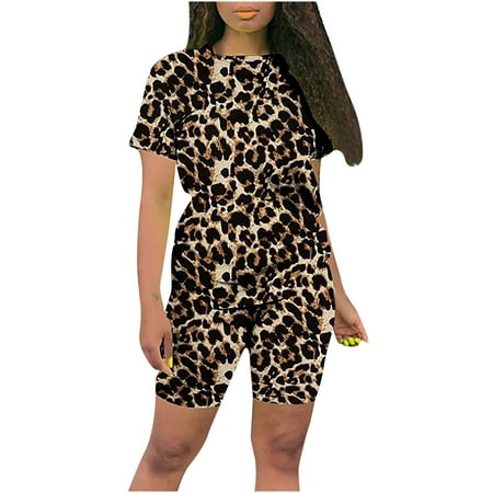

Summer T-Shirt for Women Women s Two-Piece Printing Suit Short Sleeve Top And Pants Sports Sweatshirt Set Casual Round-Neck Maternity Shirts Brown S