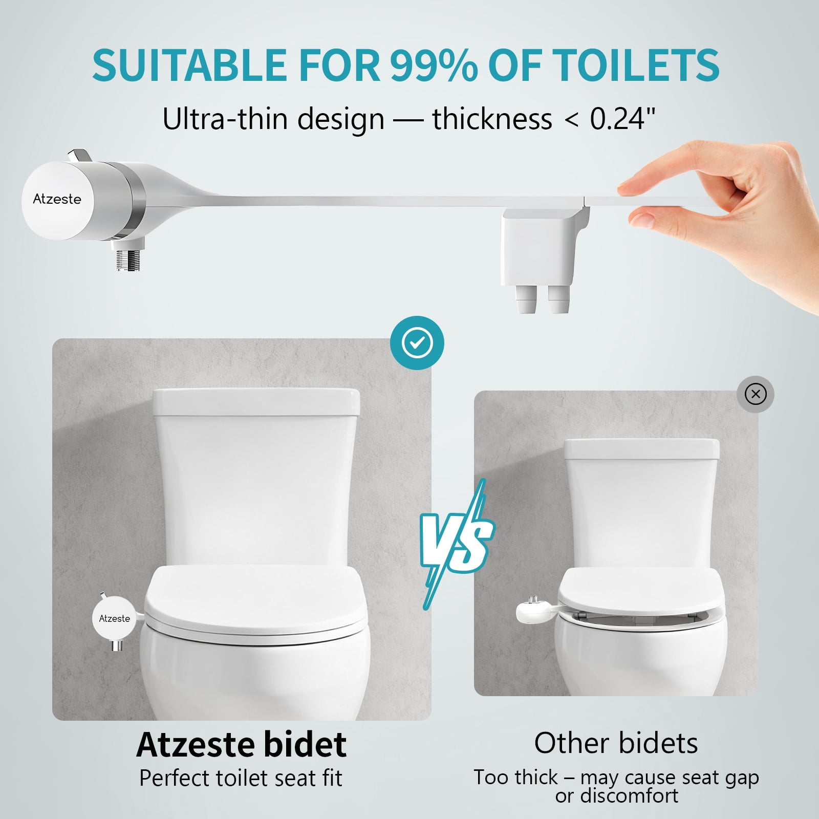 Atzeste Ultra-Slim Bidet, Non-Electric Dual Nozzle Feminine Wash Fresh Water Sprayer, Adjustable Water Pressure, Bidet for Toilet Seat Attachment, Stainless Steel Inlet Badays