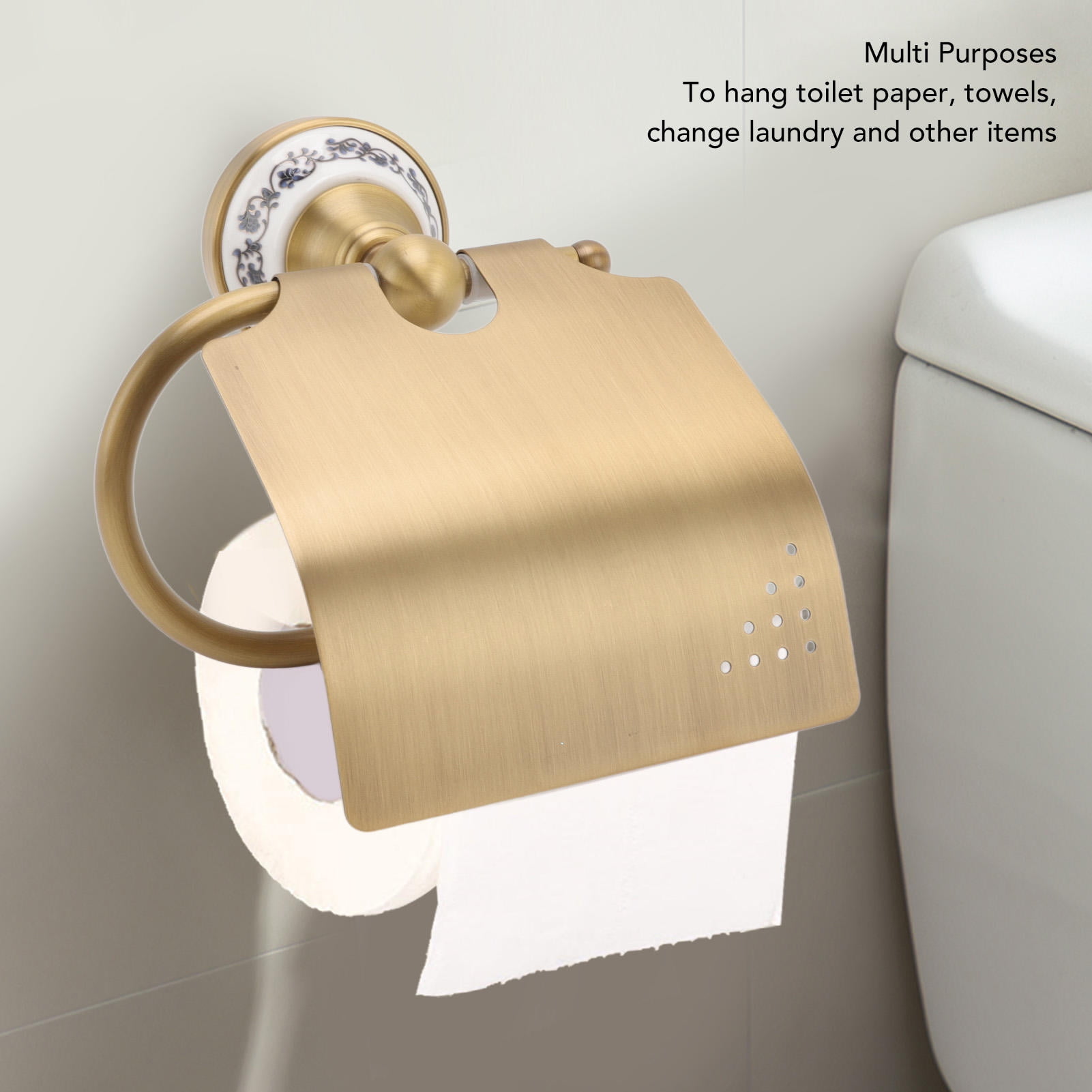 BIMZUC Vintage Blue & White Porcelain Toilet Paper Holder – Brass & Stainless Steel Wall‑Mounted Rack for Bathroom