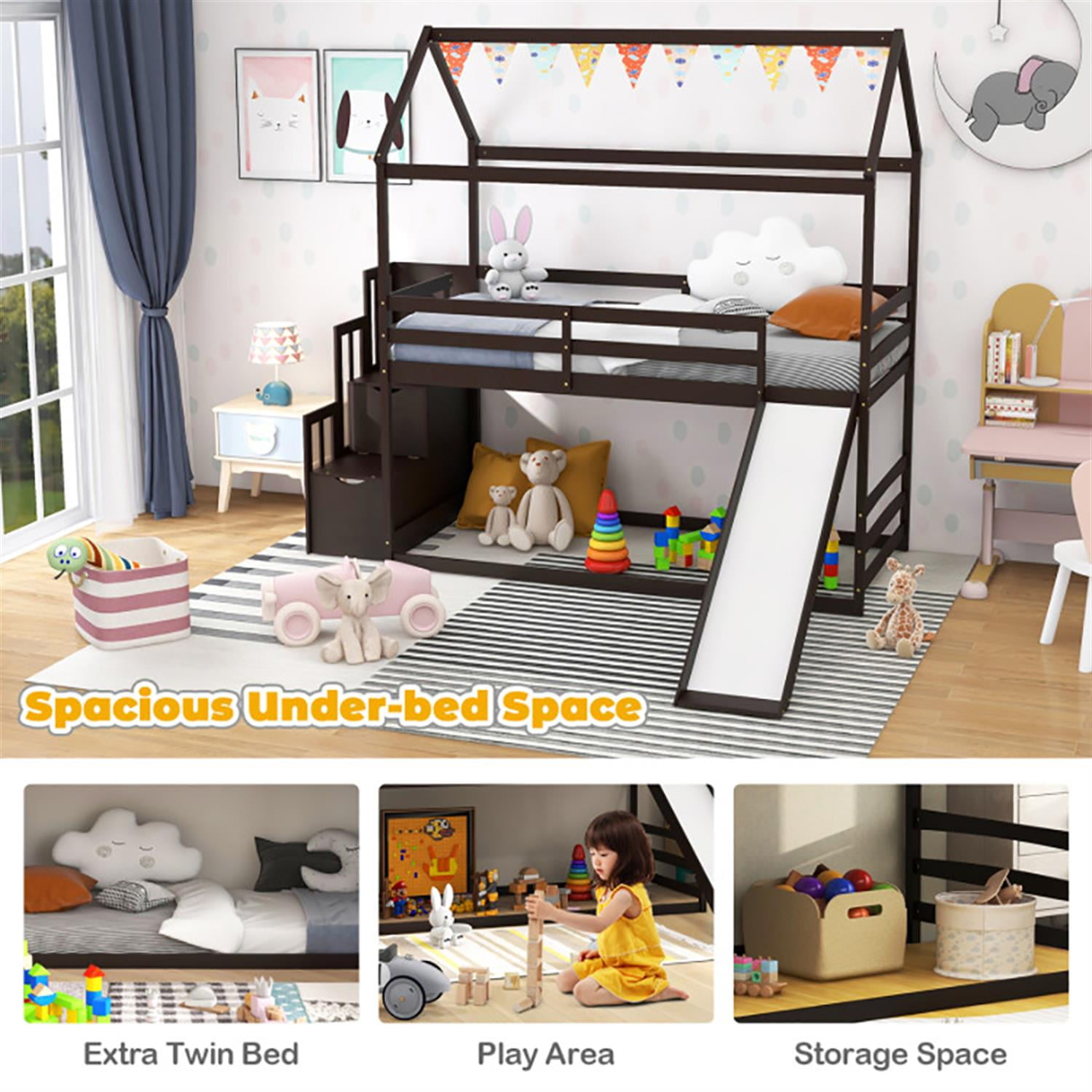 Demi Bonn Twin Over Twin Bunk Bed with Slide and 2-Step Storage Staircase, Solid Wood Loft Bed with Ladder and Full-length Guardrails, Brown