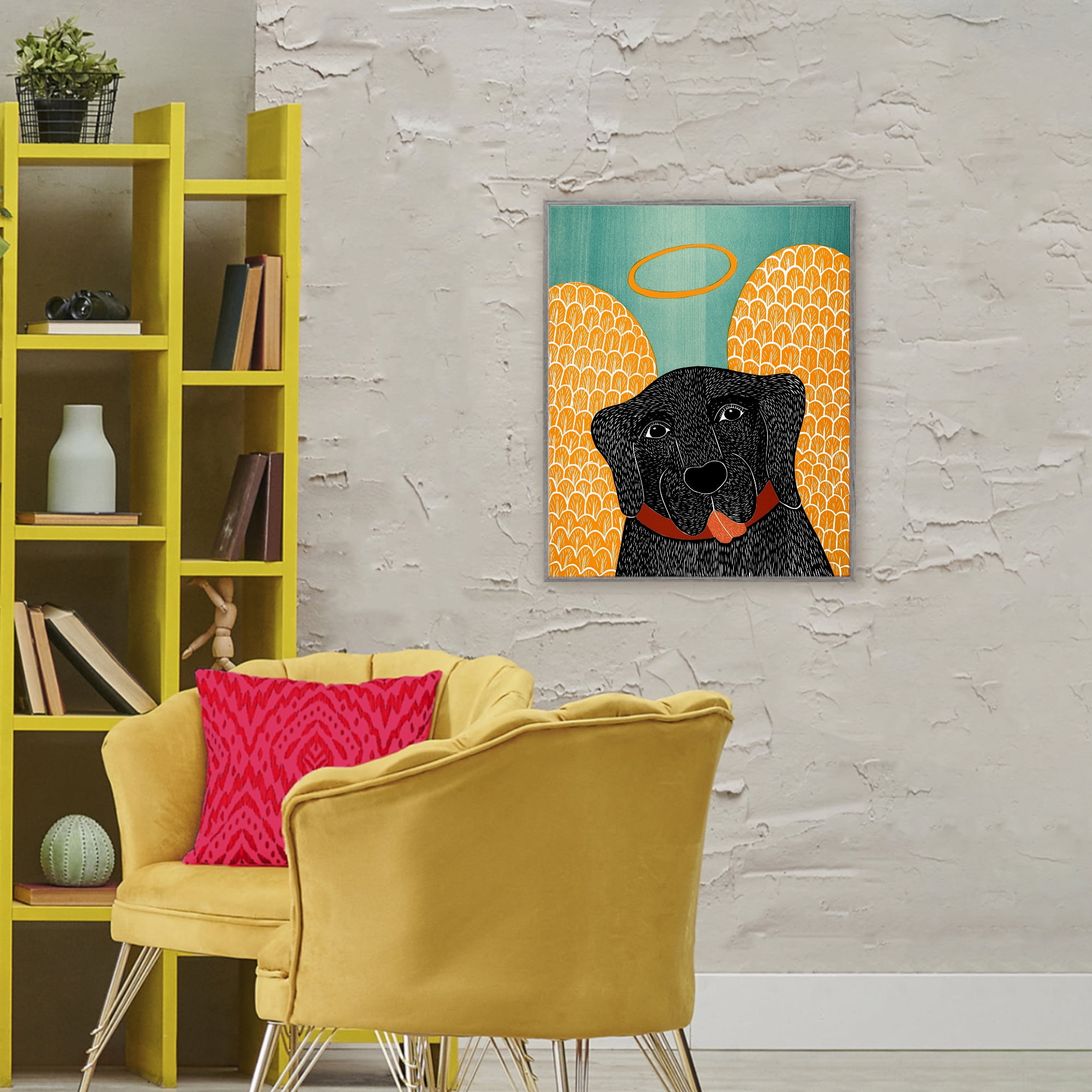 Dog Angel with Yellow Wings Gray Framed Giclee Art, design by Stephen Huneck